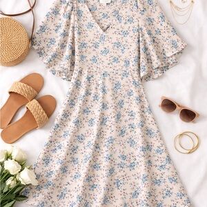 Umgee Cream Mini Dress with Blue Floral Pattern